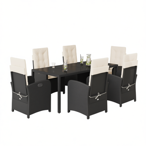 Set da pranzo da esterno nero e crema per 6 persone, in rattan, mobili da giardino contemporanei resistenti alle intemperie - Product Image 1