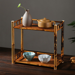 Yunfei Bamboo Mat Double Layer Display <b>Stand</b> Rectangle Storage Rack For <b>Tea</b> Set And Decorative Items - Product Image 1