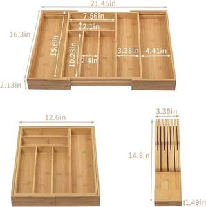 Plateau rectangulaire extensible en bambou, organisateur de couverts en bois réglable avec bloc à couteaux détachable, rangement multifonctionnel naturel - Product Image 4