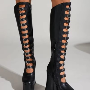 Stivali Estivi al Ginocchio da Donna Stile Western con Fibbie, Tacco Grosso a Piattaforma, Cerniera Laterale, <span class=keywords><strong>Viola</strong></span>, Altezza 10cm - Product Image 6