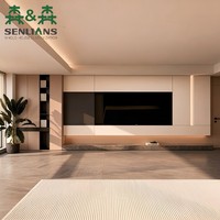 Unit Dinding TV Modern Mewah dengan Alas Batu, Kolom Penyimpanan Kayu, Ceruk Sempit Berlampu, dan Garis Lampu LED Vertikal
