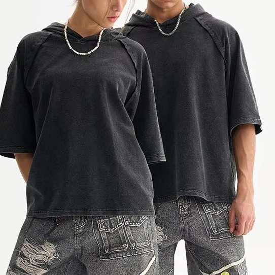 Unisex Vintage Washed Hooded T Shirt  Heavyweight Oversized Short Sleeve Streetwear Hoodie Tee for Men Women Custom logo