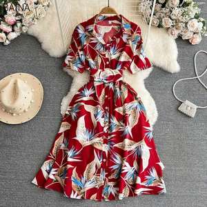 Nouvelle Robe Décontractée à Imprimé Floral pour Femme, Col Rabattu, Boutonnage Simple, Ceinture à la Taille, Coupe Trapèze Contrastante - Product Image 4
