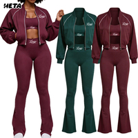 Ensemble de survêtement trois pièces pour femme en nylon et élasthanne, veste bomber zippée, gilet et pantalon évasé taille haute, couleur unie, tenues décontractées d'automne