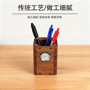 Wooden Clock <b>Pen</b> Holder Square Multi Functional Storage <b>Box</b> For Desk Office Home Student Use - Product Image 2