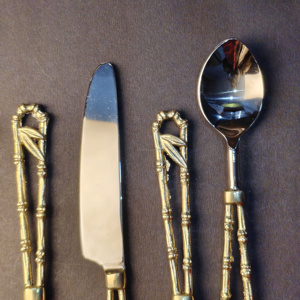 Ensemble de couverts en bambou artistique, en laiton doré, manche en bambou unique, creux, en acier inoxydable, vaisselle de qualité supérieure, 5 pièces - Product Image 4
