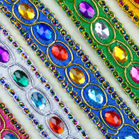 Acrylique Gemme Tricoté Polyester Dentelle Tissu Vêtements À La Main Diamant Cristal Ruban 3cm Perlé Costume De Danse Folklorique Ttrimming
