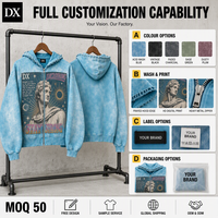 Sweat à capuche zippé personnalisé Atelier Bleu 450 g/m² coupe ample, capuche effilochée, motif Statue Grecque, motif soleil, effet délavé, en molleton, style streetwear, OEM ODM