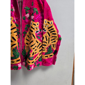 Hot Pink <b>Velvet</b> Tiger Embroidered <b>Women</b>’s <b>Jacket</b> with Colorful Floral Embroidery, Long Sleeve Designer Boho Outerwear - Product Image 3