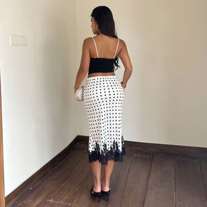 Women's Polka Dot <b>elastic</b> Satin Midi Skirt, Black <b>Lace</b> Trim Scalloped Hem High Waist Pencil Skirt - Product Image 6