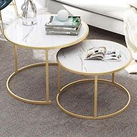 Ensemble de 2 tables basses gigognes blanches modernes avec cadre doré, tables d'appoint rondes circulaires en bois à motif de marbre pour le salon