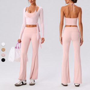 Women Activewear Set 3 Piece Quick Dry Padded Halter Crop Top <b>Wrap</b> Jacket High Waist Flare Pants <b>for</b> Yoga Gym - Product Image 1