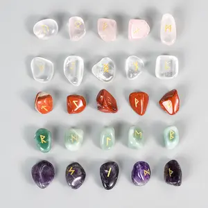 Natural Gemstone Germanic Runes Runes Letters Natural Crystal Oval Tablet Rune Stone For Wicca Crystals Healing Chakra Reiki