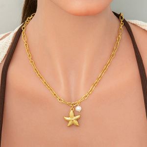 Collar con Colgante de Estrella de Mar en Acero Inoxidable Chapado en Oro de 18K para Mujer, Diseño Retro de Concha y Caracol, Cadena de Eslabones para Fiestas y Eventos - Product Image 5