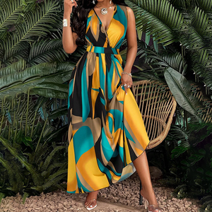 Elegante Abito Lungo con Collo all'Americana, Scollo Profondo a V, <span class=keywords><strong>Stampa</strong></span> Color Block, Stile Fluido con Cintura, Abito Estivo da Donna per Feste Tropicali - Product Image 3