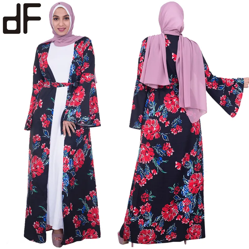 ملابس إسلامية إسلامية حديثة عباية دبي عباية سوداء أمامية مفتوحة كيمونو طباعة أزهار فستان طويل طويل طويل طويل عباية