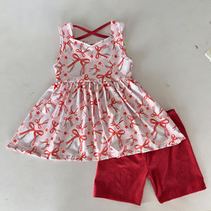 GSSO3544 Conjunto de Ropa Deportiva para Niña Pequeña, con Lazos Rojos de Béisbol, Manga Corta, Diseño Festoneado, Venta al Por Mayor - Product Image 1