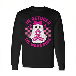 Camiseta de manga larga con diseño de fantasma espeluznante de Halloween, color rosa, para concienciación sobre el cáncer de mama - Product Image 2