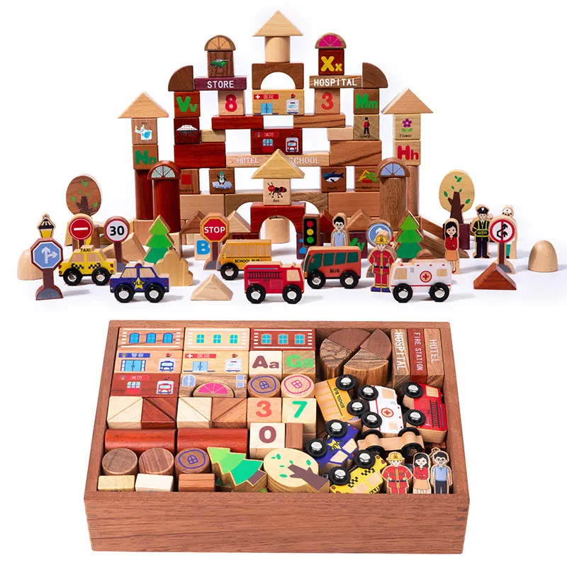 Blok bangunan kayu warna-warni blok bangunan kayu mainan blok untuk pembelajaran pengetahuan Lalu Lintas