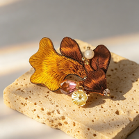 Bros Daun Ginkgo Kuning Bordir Miao Pin Bordir Etnik Tiongkok Kristal Rhinestone Hadiah Pesta Pernikahan Wanita