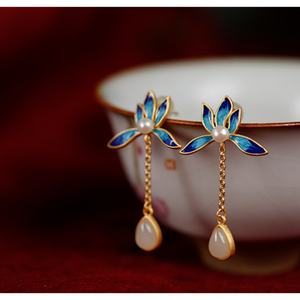 Sterling <b>Silver</b> Hetian Jade Lotus Earrings Women's High-end Retro Fashion Niche Temperament Light Luxury Earrings Earrings - Product Image 4