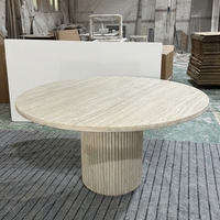 Table à manger ronde en marbre de travertin, style nordique, luxe, 6 places, en pierre frittée.