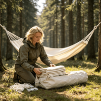 Hamac double en coton blanc pour 1 à 2 personnes, unisexe, pour le camping et les pique-niques en plein air, design minimaliste décontracté