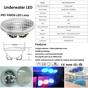 <span class=keywords><strong>Projecteur</strong></span> <span class=keywords><strong>LED</strong></span> Submersible BENORY IP67 9W en Verre PAR36 5000K Blanc Neutre <span class=keywords><strong>avec</strong></span> Télécommande AC 12V pour Hôtels - Product Image 6