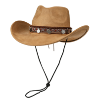 Chapeau de cowboy western en faux daim avec bande tissée ethnique, sangle de menton réglable, unisexe, vintage, pour l'extérieur, protection solaire