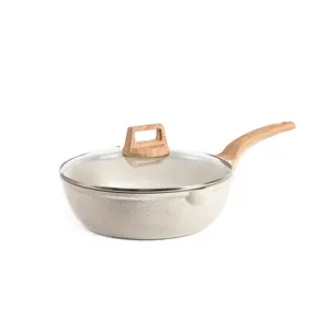 High Quality Chicken Frying Pan 10inch 12Inch custom Non-Stick Wok Pan Set With Wood Handle And wood Lid