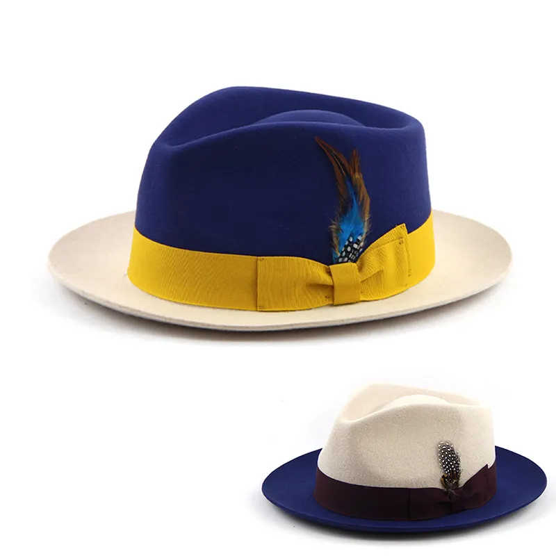 LiHua-sombreros Fedora Beige y azul marino, sombrero Fedora con adorno de cuero de imitación, 2021