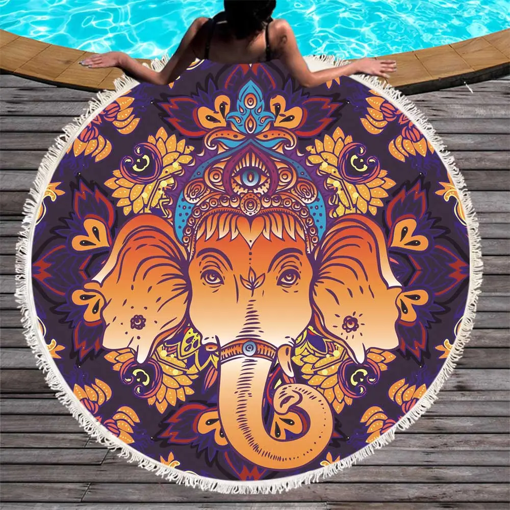 Tapis de yoga bohème en microfibre imprimé Mandala indien Éléphant personnalisé Serviette de plage à pampilles rondes en éponge à séchage rapide