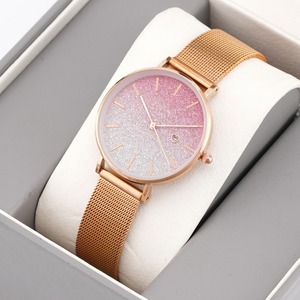 Minimalist Luxury Women’s Wristwatch, Elegant Pink-Silver Ombre Dial and Mesh Band - Product Image 1