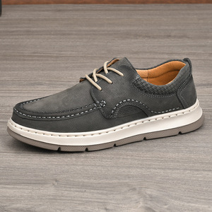 Chaussures de marche rétro pour hommes en cuir véritable à bout rond, lacées, avec semelle extérieure en caoutchouc amorti, couleur unie, style décontracté - Product Image 2