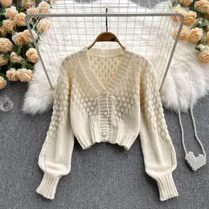 LY9042 de moda coreana 2022 V cuello botones decorar hueco de manga larga suéter Cardigans Mujer Tops ropa 9