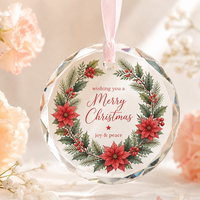 Ornement de Noël personnalisé en verre cristal, rond et facetté, à suspendre, avec impression aquarelle et ruban de satin pour cadeau d'arbre de Noël
