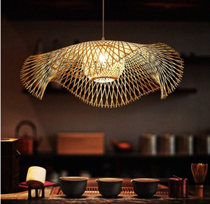 Plafonnier en bambou tissé <span class=keywords><strong>à</strong></span> la main <span class=keywords><strong>à</strong></span> double feuilles de lotus flottant ancien pendentif en rotin naturel éclairage plafonnier suspendu - Product Image 5
