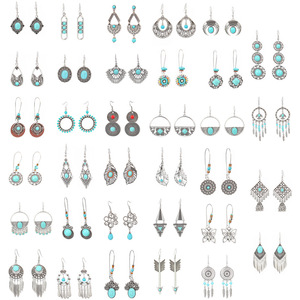 Juego de Pendientes Geométricos Bohemios, Aleación Plateada Antigua con Turquesa, Joyería para Mujer para Fiestas - Product Image 5