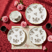 Service de table vintage en porcelaine fine à motif floral papillon, assiette de présentation rétro en céramique, tasse à café et bol en porcelaine pour hôtels et événements