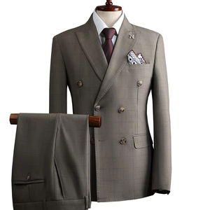 Costume <span class=keywords><strong>de</strong></span> Mariage Trois Pièces Croisé Haut <span class=keywords><strong>de</strong></span> Gamme à Revers en Pointe, Motif Carreaux, Style Britannique pour <span class=keywords><strong>Homme</strong></span> - Product Image 1