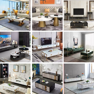 Bàn Cà Phê Màu Trắng Và Vàng Đá Phiến Nhà Máy Bàn Cà Phê Hiện Đại Tròn Hình Bầu Dục Bằng Gỗ Với Giá Đỡ Tv - Product Image 4