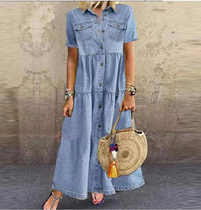Robe en jean bleu à manches courtes, longue, Maxi, Denim, grande taille, été 2020 - Product Image 2