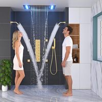 Système de douche thermostatique Homedec avec pommeau de douche 2-en-1 effet pluie/cascade et 6 jets latéraux, finition or brossé, laiton et acier inoxydable