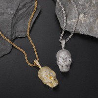 Promotion Collier Pendentif Tête de Mort en Laiton Sertie de Zircone Cubique, Style Hip-Hop Bling pour Hommes, Bijou Tendance pour Fête d'Halloween