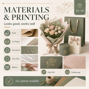 Juego de Empaque de Flores de Lujo, Papel de Envoltura para Ramos con Impresión Personalizada, Caja de Regalo, Bolsa y Cinta para Floristas - Product Image 4