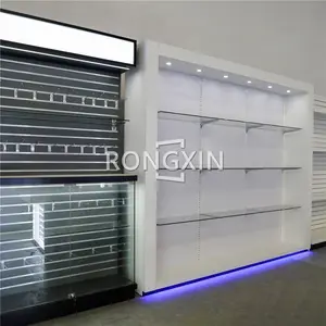 Vitrina electrónica de madera pintada, mueble de iluminación azul personalizado, color blanco, para tienda de electrodomésticos