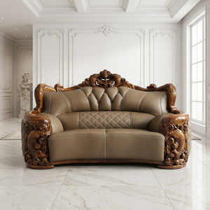 Traditional Leather <b>Sofa</b> with Carved <b>Wood</b> Frame Tufted Back and Curved Arms for Living Room - Product Image 6
