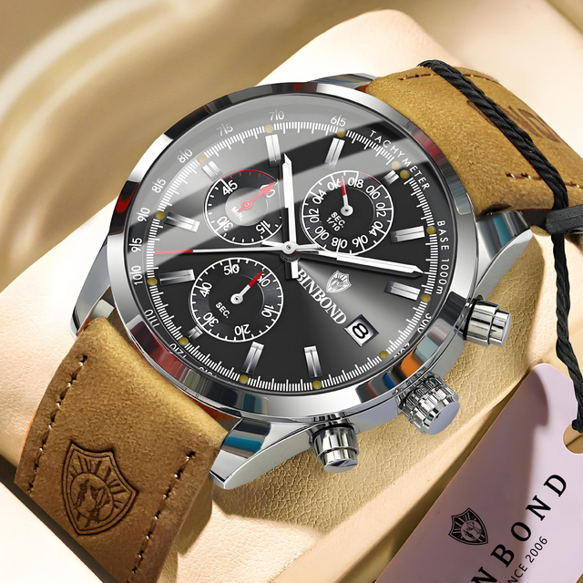 BINBOND Genuine Sports Outdoor Multifunctional 45mm 30M Water Resistant Quartz Watch for Men