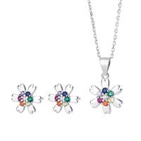 Perhiasan Mewah Perak Sterling 925 Set Kalung dan Anting Bunga Sakura Zirkon Warna-warni