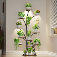 Lot de 2 supports pour plantes avec éclairage LED à spectre complet, étagère d'angle en bois et métal de 64,37 pouces, présentoir d'intérieur à plusieurs niveaux